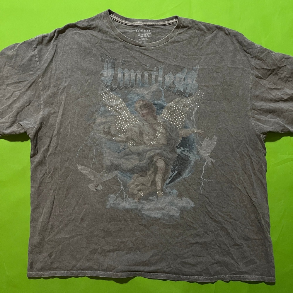 Cosmic Aura Limitless Angel Graphic T-Shirt Gray Mineral Wash Rhinestone L/XL